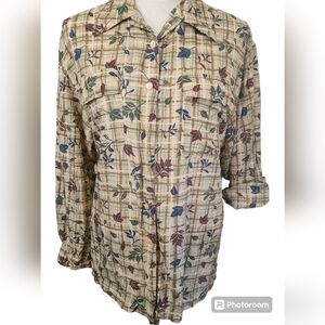 Vintage Cezar Silk Blouse Size Medium Leaf Print Brown Cream Green Blue